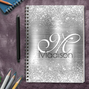 Cute borstad metall silver faux glitter monogram anteckningsbok