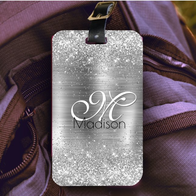 Cute borstad metall silver faux glitter monogram bagagebricka (Skapare uppladdad)