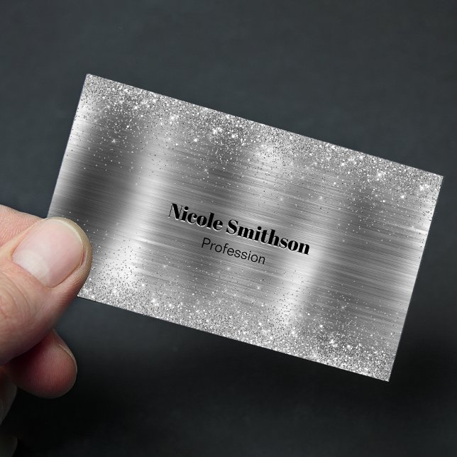 Cute borstad metall silver faux glitter monogram magnetiska visitkort (Skapare uppladdad)