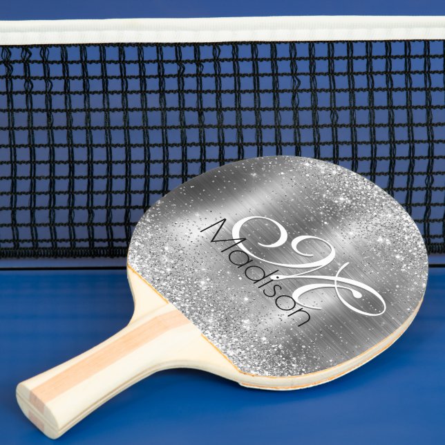 Cute borstad metall silver faux glitter monogram pingisracket (Insitu)