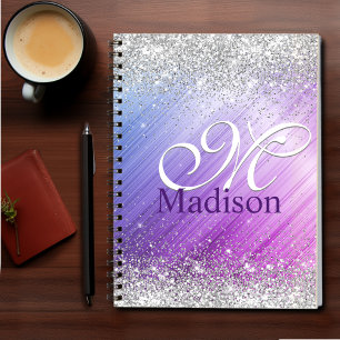Cute borsted lila faux silver glitter monogram anteckningsbok