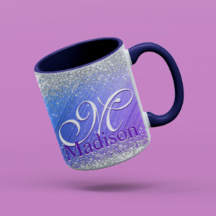 Cute borsted lila faux silver glitter monogram mugg