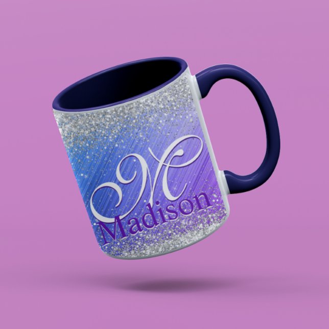 Cute borsted lila faux silver glitter monogram mugg (Skapare uppladdad)