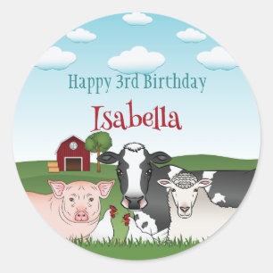Cute Boskap Barnyard Barn Grattis på födelsedagen Runt Klistermärke