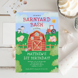 Cute Boskap Barnyard Bash 1:a födelsedag Inbjudningar