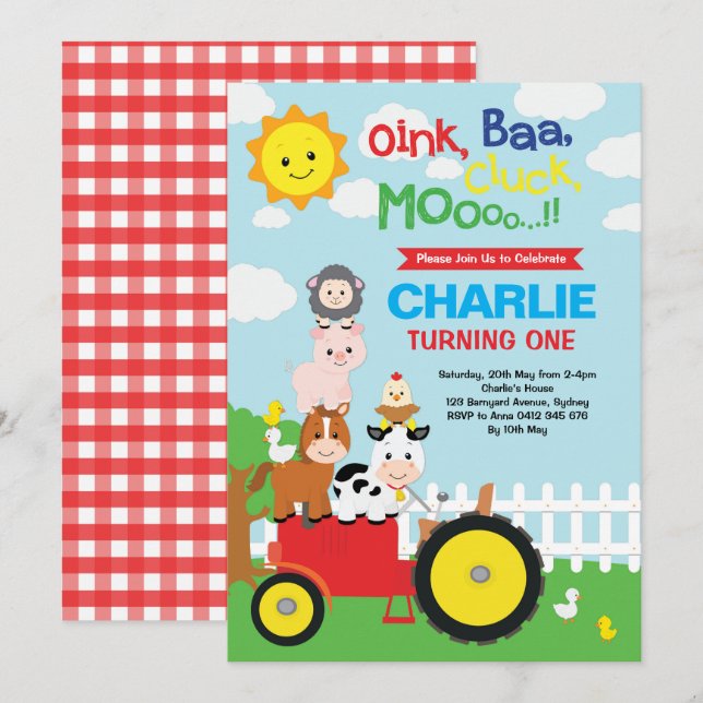 Cute Boskap Barnyard Birthday Petting Zoo Inbjudningar (Fram/baksida)