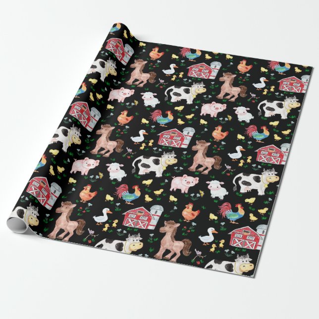 Cute Boskap Barnyard Black Presentpapper (Utrullad)