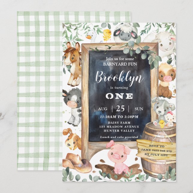 Cute Boskap Barnyard Chic Greenery Birthday Inbjudningar (Fram/baksida)