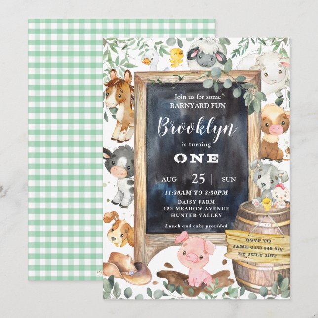 Cute Boskap Barnyard Greenery 1:a födelsedagen Inbjudningar (Fram/baksida)