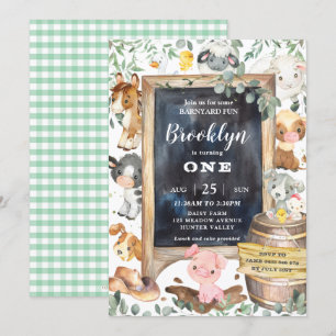 Cute Boskap Barnyard Greenery 1:a födelsedagen Inbjudningar