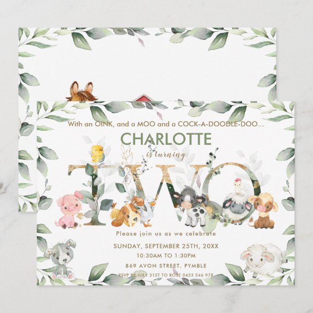 Cute Boskap Barnyard Greenery 2:a födelsedagen Inbjudningar (Fram/baksida)