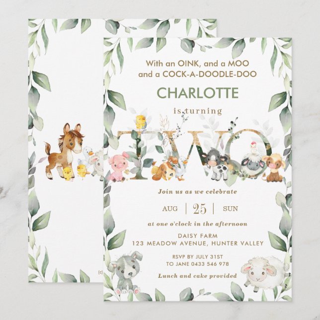 Cute Boskap Barnyard Greenery 2:a födelsedagen Inbjudningar (Fram/baksida)