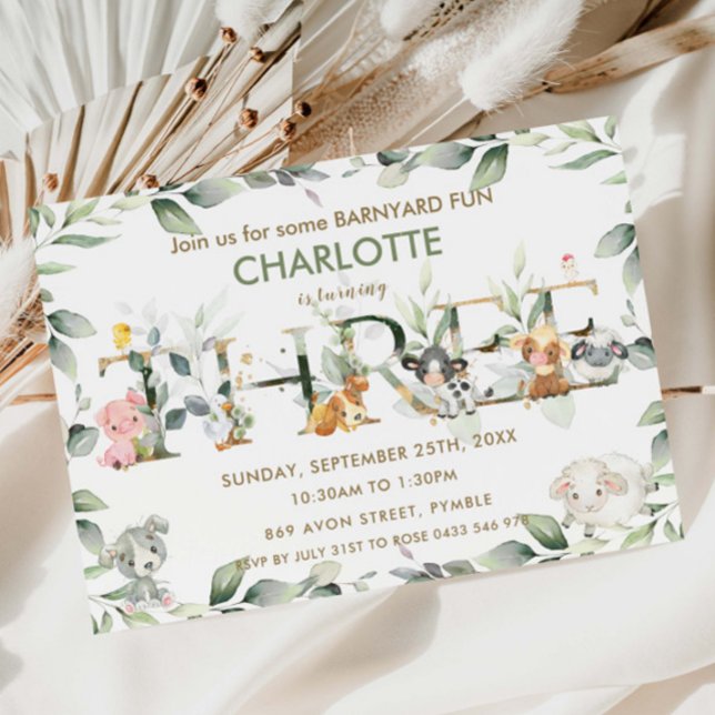 Cute Boskap Barnyard Greenery 3d Birthday Inbjudningar (Skapare uppladdad)