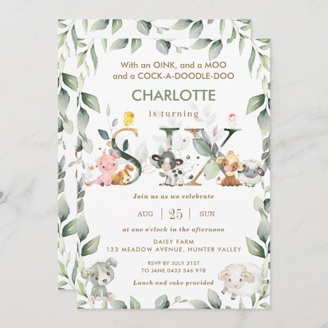 Cute Boskap Barnyard Greenery 6e Birthday  Inbjudningar (Fram/baksida)