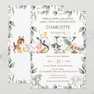 Cute Boskap Barnyard Greenery 6e Birthday  Inbjudningar