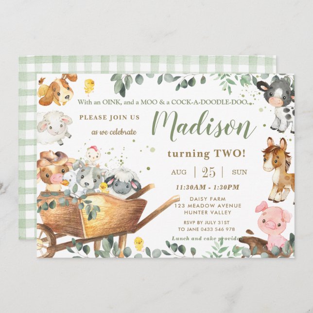 Cute Boskap Barnyard Greenery Birthday Inbjudningar (Fram/baksida)
