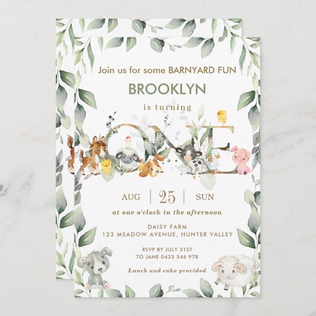 Cute Boskap Barnyard Grey 1:a födelsedagen Inbjudningar (Fram/baksida)