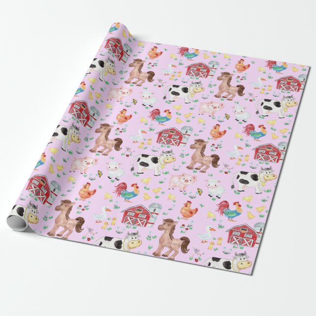 Cute Boskap Barnyard Rosa Bakgrund Presentpapper (Utrullad)