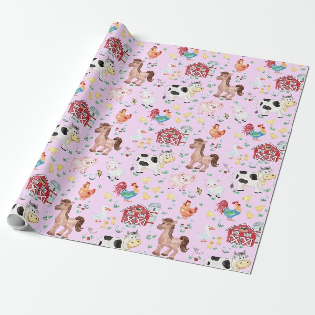 Cute Boskap Barnyard Rosa Bakgrund Presentpapper (Utrullad)