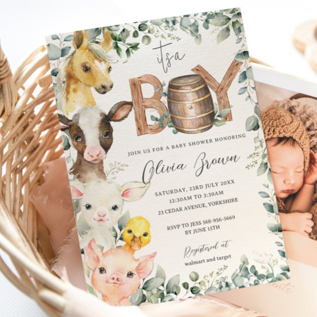 Cute Boskap Greenery Boy Barn Baby Shower Inbjudningar (Skapare uppladdad)