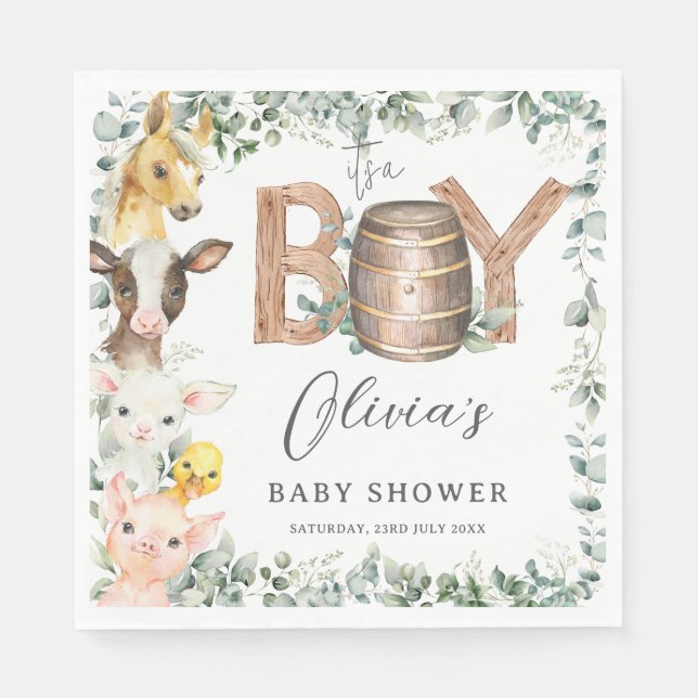 Cute Boskap Greenery Boy Barn Baby Shower Pappersservett (Framsidan)