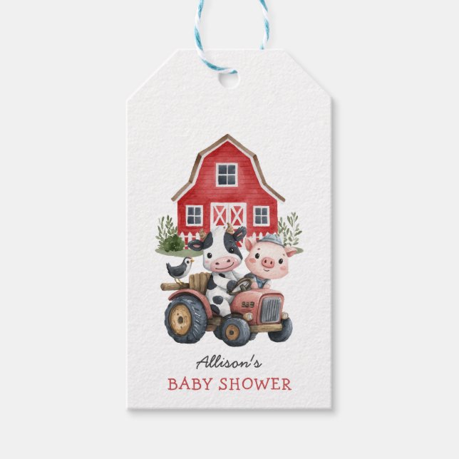 Cute Boskap Gris Cow Barnyard Baby Shower Presentetikett (Framsidan)