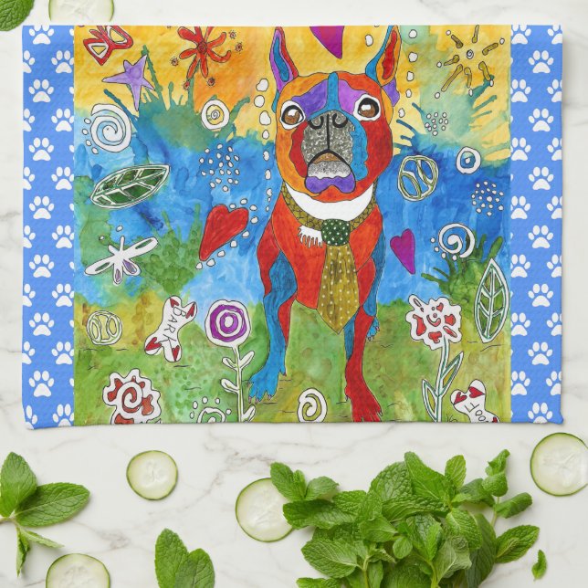 Cute Boston Terrier 1/2-köldslätt Kökshandduk (Vikta)