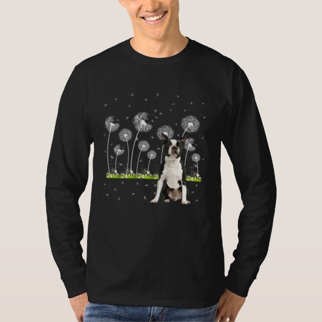 Cute Boston Terrier Dandelion  Dogs Flowers T Shirt (Framsida)