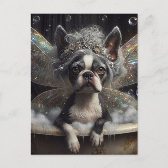 Cute Boston Terrier Fairy i en Bubble Bath Vykort (Framsida)