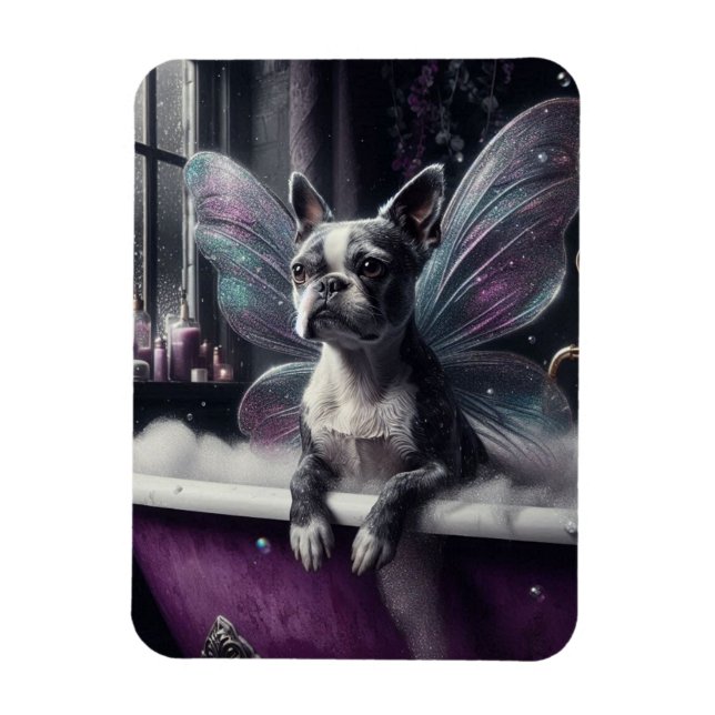 Cute Boston Terrier Fairy i Lila Bathtub Magnet (Vertikal)