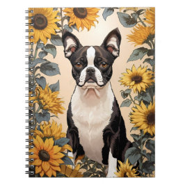 Cute Boston Terrier Gult Sunblommor Anteckningsbok