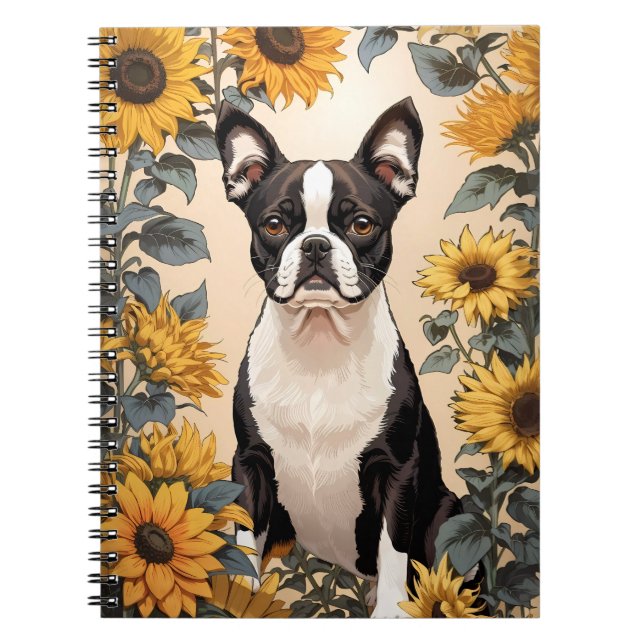 Cute Boston Terrier Gult Sunblommor Anteckningsbok (Framsidan)