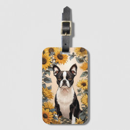 Cute Boston Terrier Gult Sunblommor Bagagebricka