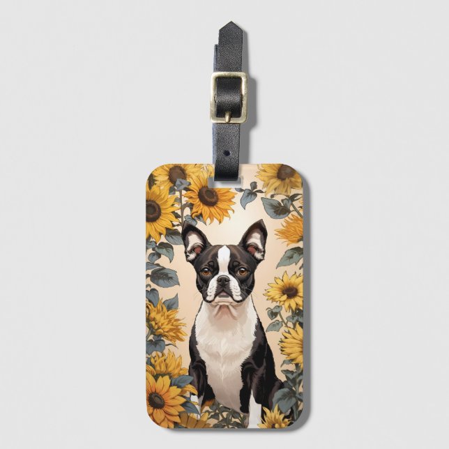 Cute Boston Terrier Gult Sunblommor Bagagebricka (Framsida vertikal)