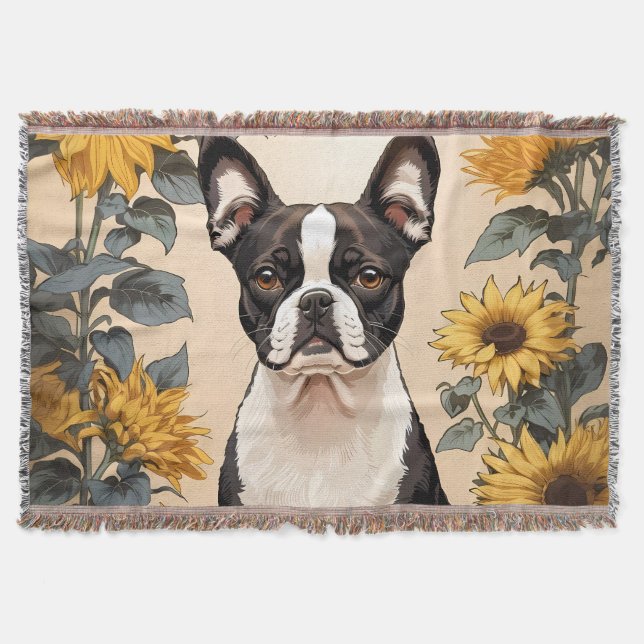 Cute Boston Terrier Gult Sunblommor Filt (Framsidan)