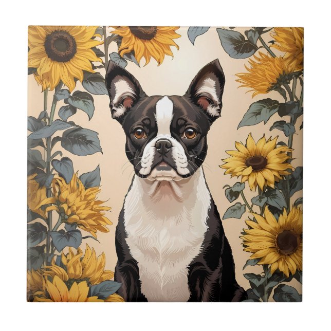 Cute Boston Terrier Gult Sunblommor Kakelplatta (Framsidan)