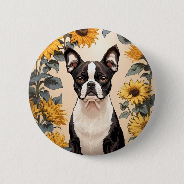 Cute Boston Terrier Gult Sunblommor Knapp (Framsida)