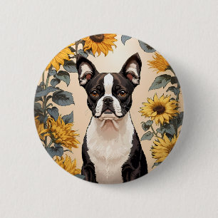 Cute Boston Terrier Gult Sunblommor Knapp