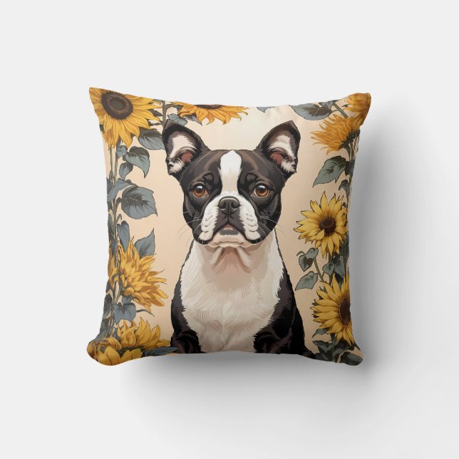 Cute Boston Terrier Gult Sunblommor Kudde (Framsida)