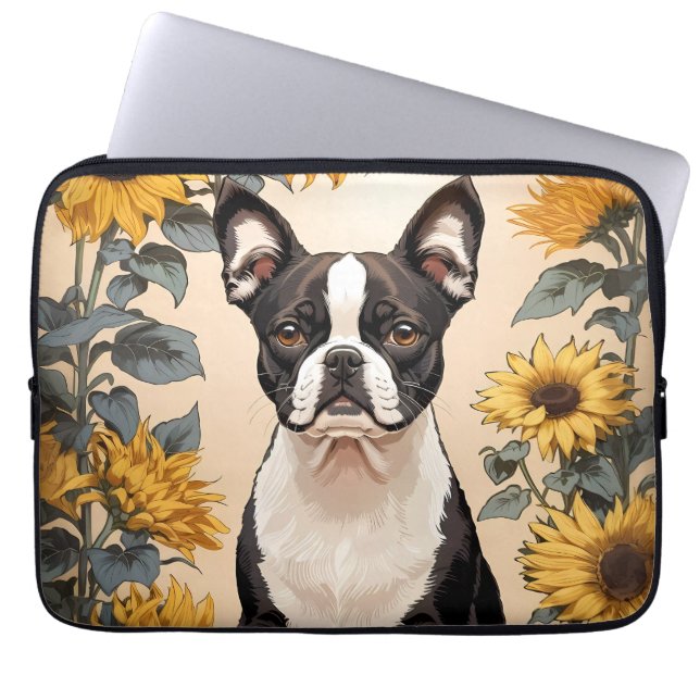 Cute Boston Terrier Gult Sunblommor Laptop Fodral (Framsidan)