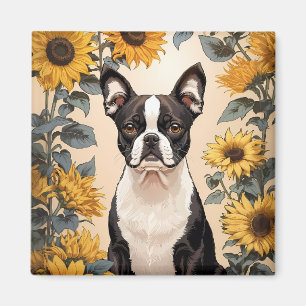 Cute Boston Terrier Gult Sunblommor Magnet
