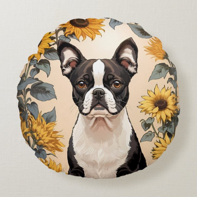 Cute Boston Terrier Gult Sunblommor Rund Kudde (Framsidan)