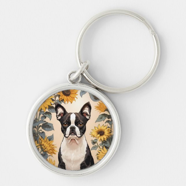 Cute Boston Terrier Gult Sunblommor Rund Silverfärgad Nyckelring (Framsidan)