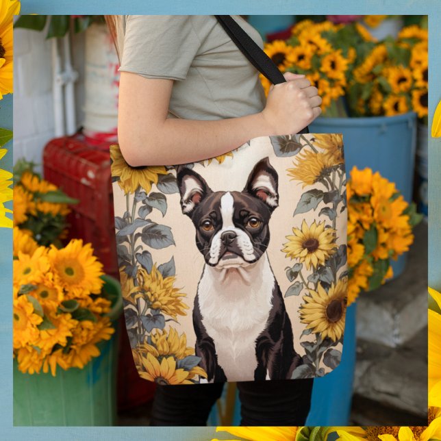 Cute Boston Terrier Gult Sunblommor Tygkasse (Skapare uppladdad)