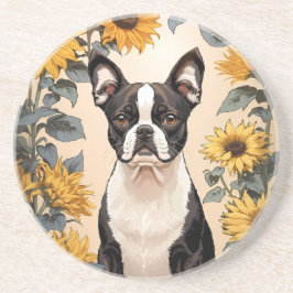 Cute Boston Terrier Gult Sunblommor Underlägg