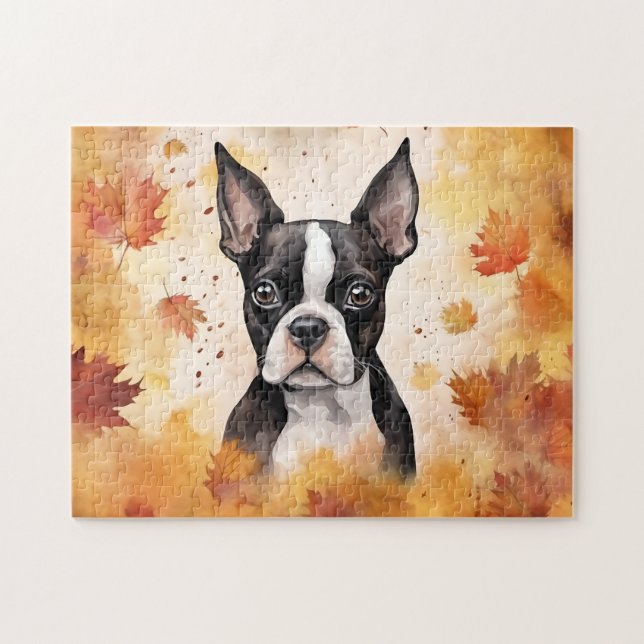 Cute Boston Terrier Hund/Autumn/Fall Pussel (Horisontell)