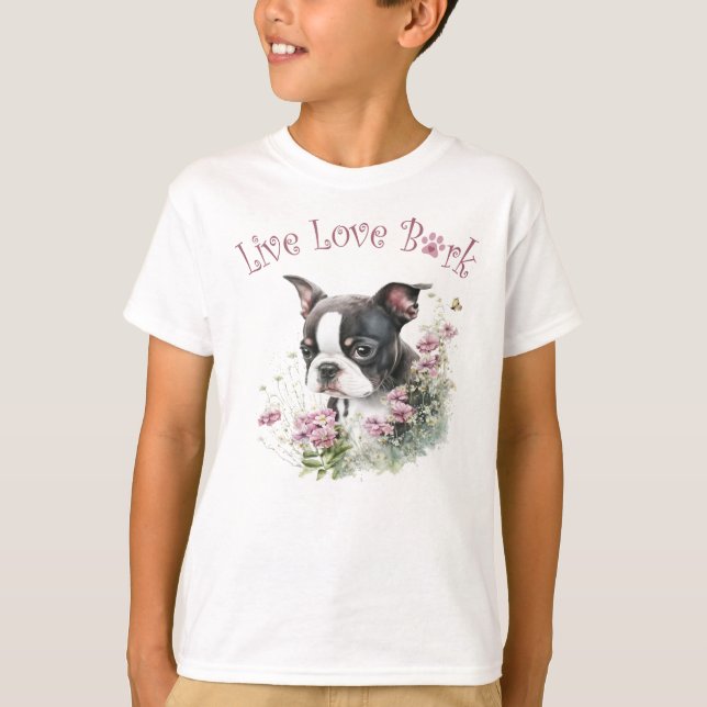 Cute Boston Terrier Hund Blommigt T Shirt (Framsida)