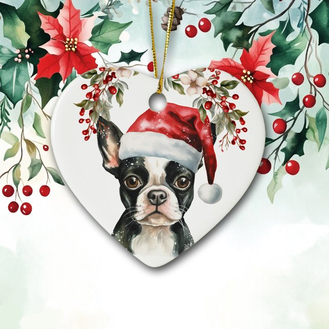 Cute Boston Terrier Hund Holly Berry jul Julgransprydnad Keramik (Skapare uppladdad)