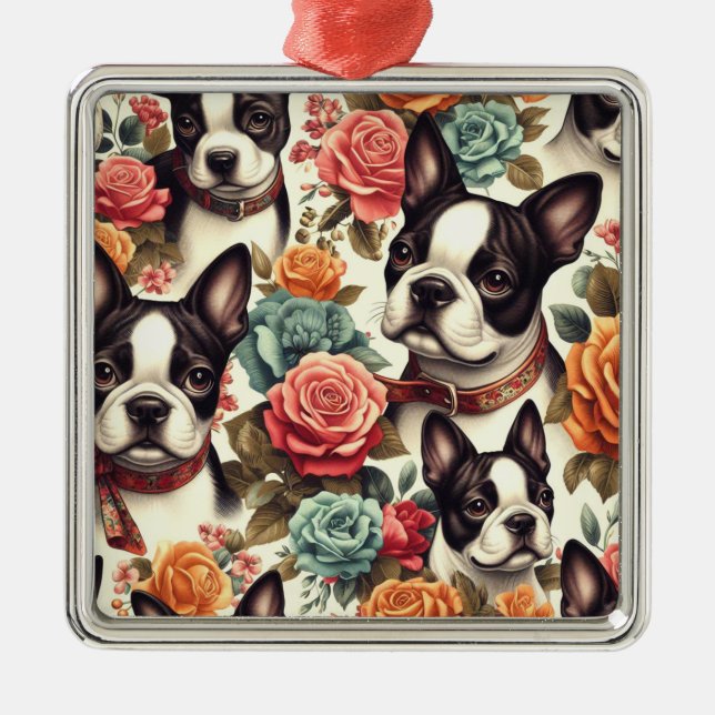 Cute Boston Terrier Illustration Julgransprydnad Metall (Framsidan)