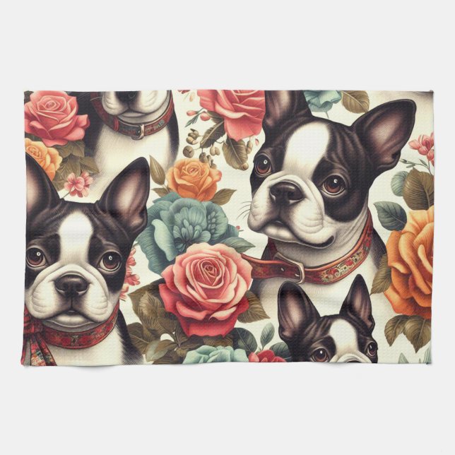 Cute Boston Terrier Illustration Kökshandduk (Horisontell)